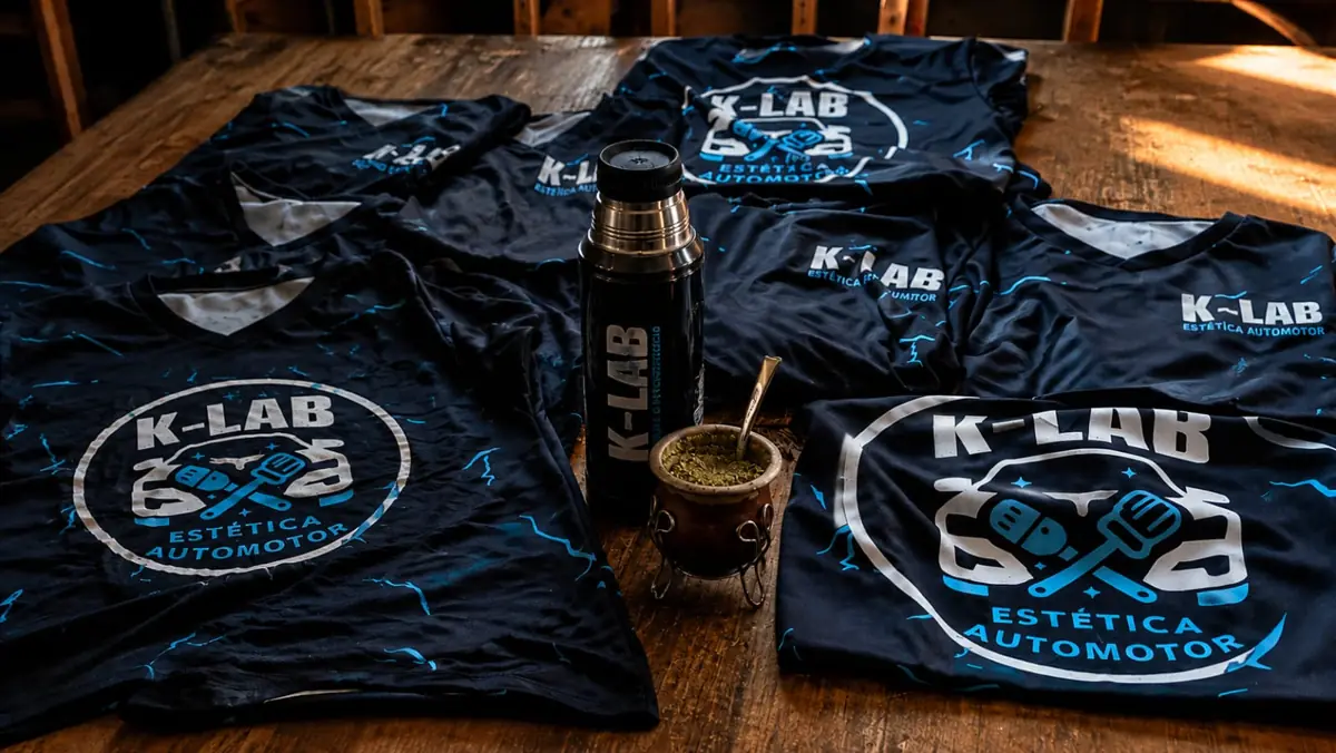 Remeras y termo con el logo de K-LAB sobre una mesa de madera, junto a un mate